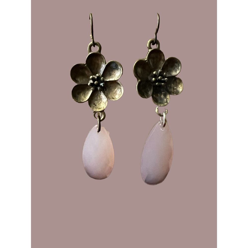Antique gold dogwood dangle earrings light pink rhinestone dangle hook 2.5"